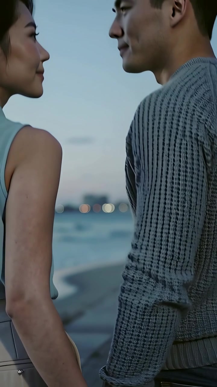Vertikales Video: Händchenhaltendes Paar, das in der Dämmerung spazieren geht und sich in die Augen schaut, um sich am Meer zu verbinden