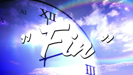 animation of fin text over clock moving fast on sky background