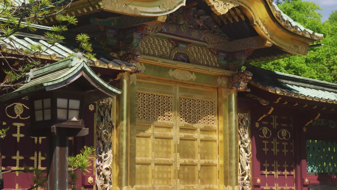 일본 도쿄 의 우에노 공원 에 있는 우에노 토쇼 구 사원 의 장식 된 황금 카라몬 문 의 영화적 인  ⁇ 트 다운 뷰