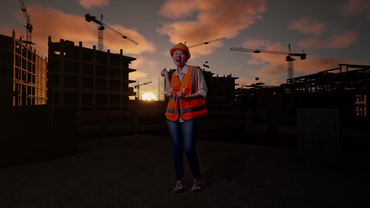 Full Body Of Asian Female Engineer With Safety Helmet Screaming Goal And Dancing Celebrating At Construction Site in Progress to New House