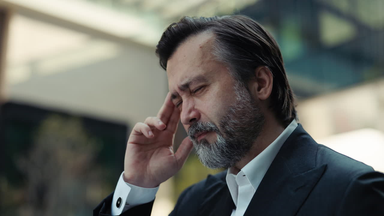 Mature Businessman Suffering from Headache and Stress Outdoors