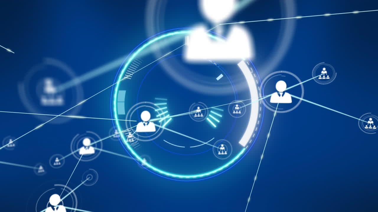 파란색 배경에 네온 둥근 스캐너를 통해 프로필 아이콘 네트워크의 애니메이션