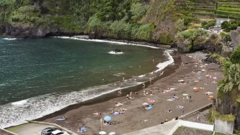 Aerial-is-flying-towards-beach-of-Seixal,-Madeira