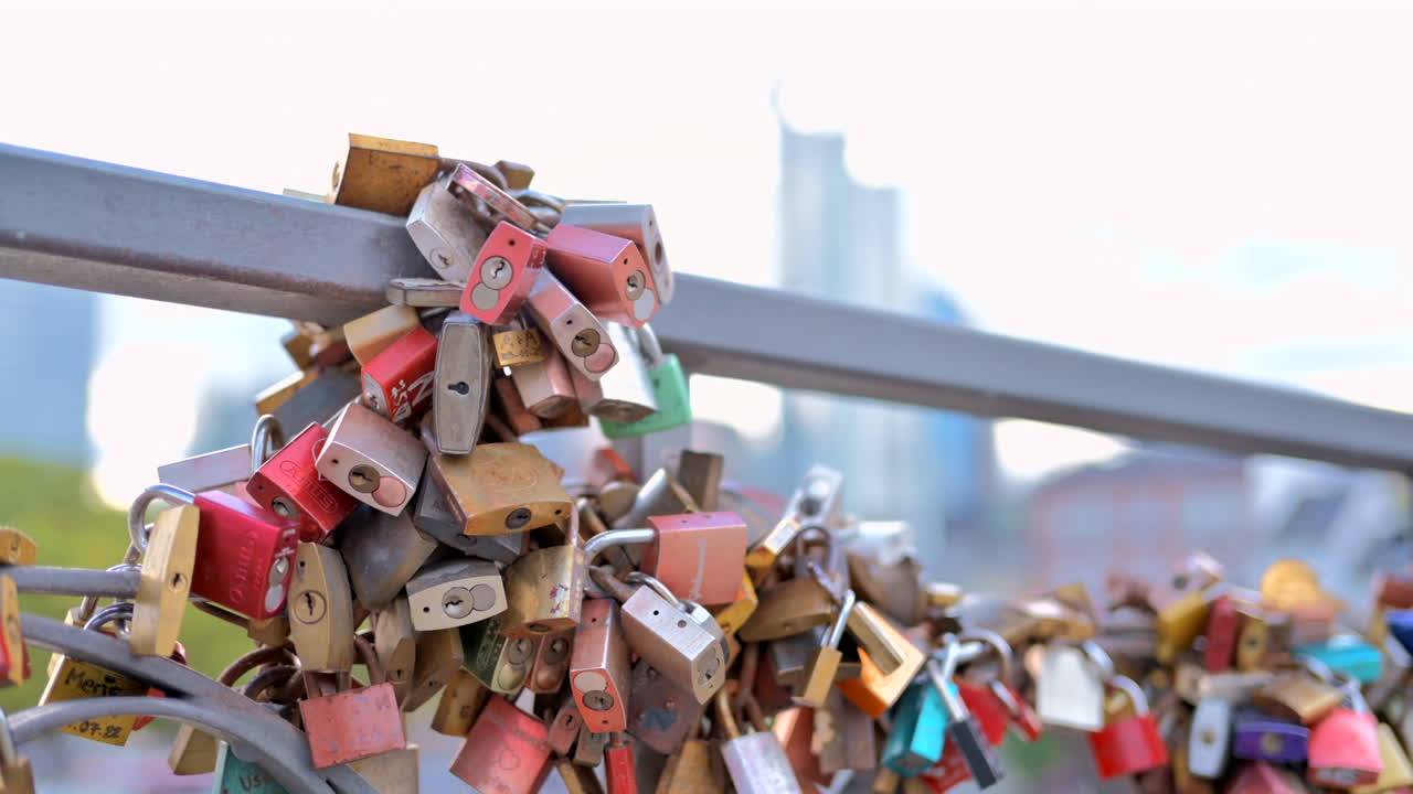 Multiple padlocks on a bridge in Frankfurt, Germany
