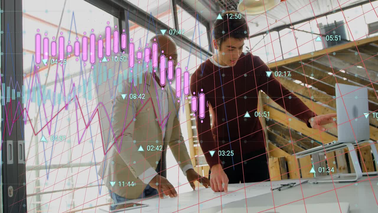 Animation of graphs, changing numbers over diverse coworkers discussing blueprint in office