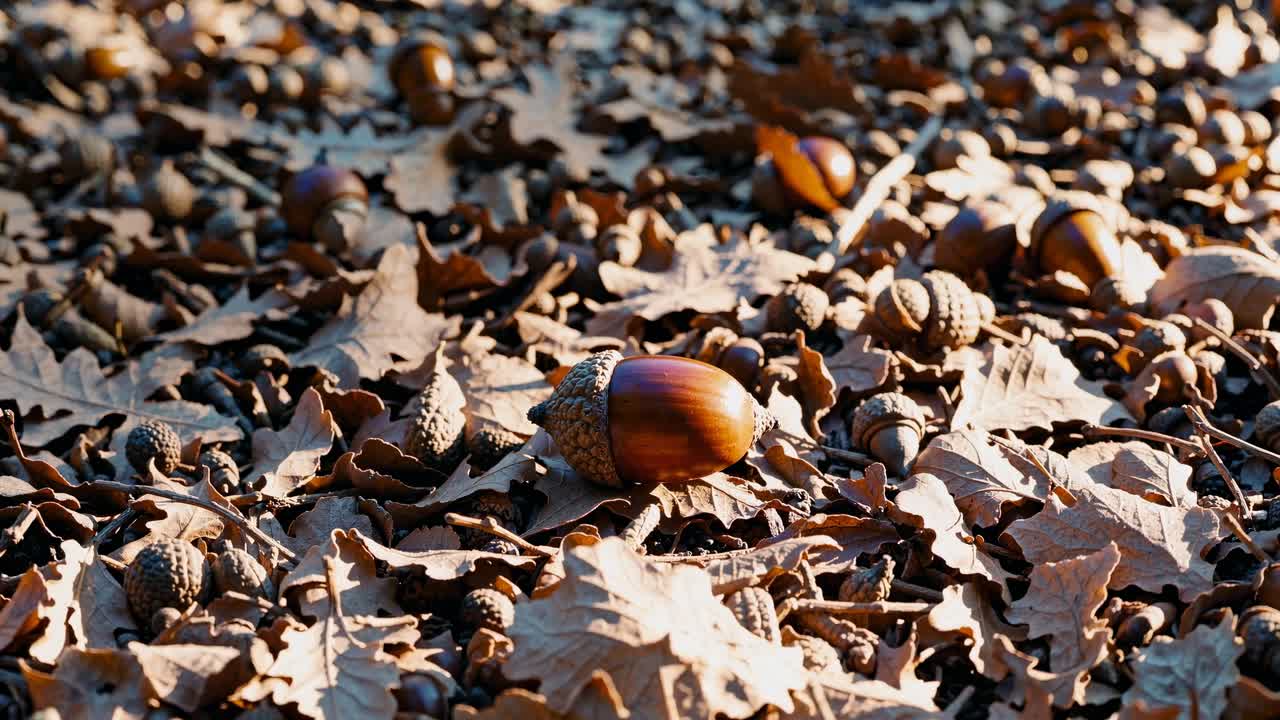 A close-up video angle captures acorns and dry leaves scattered on the forest floor