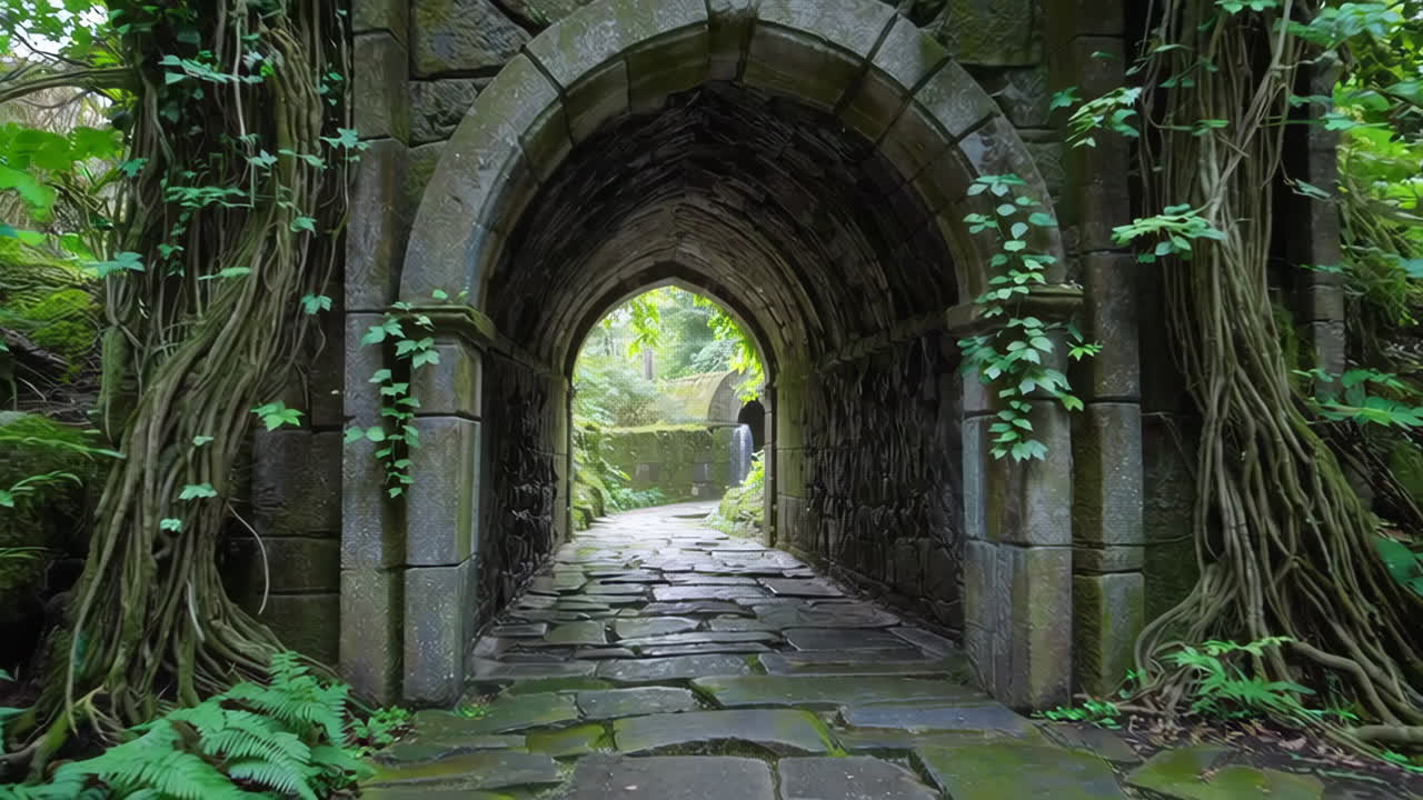 Overgrown Stone Archway Path to a Lush Forest