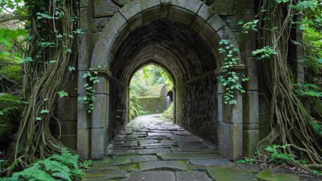 overgrown stone archway path to a lush forest