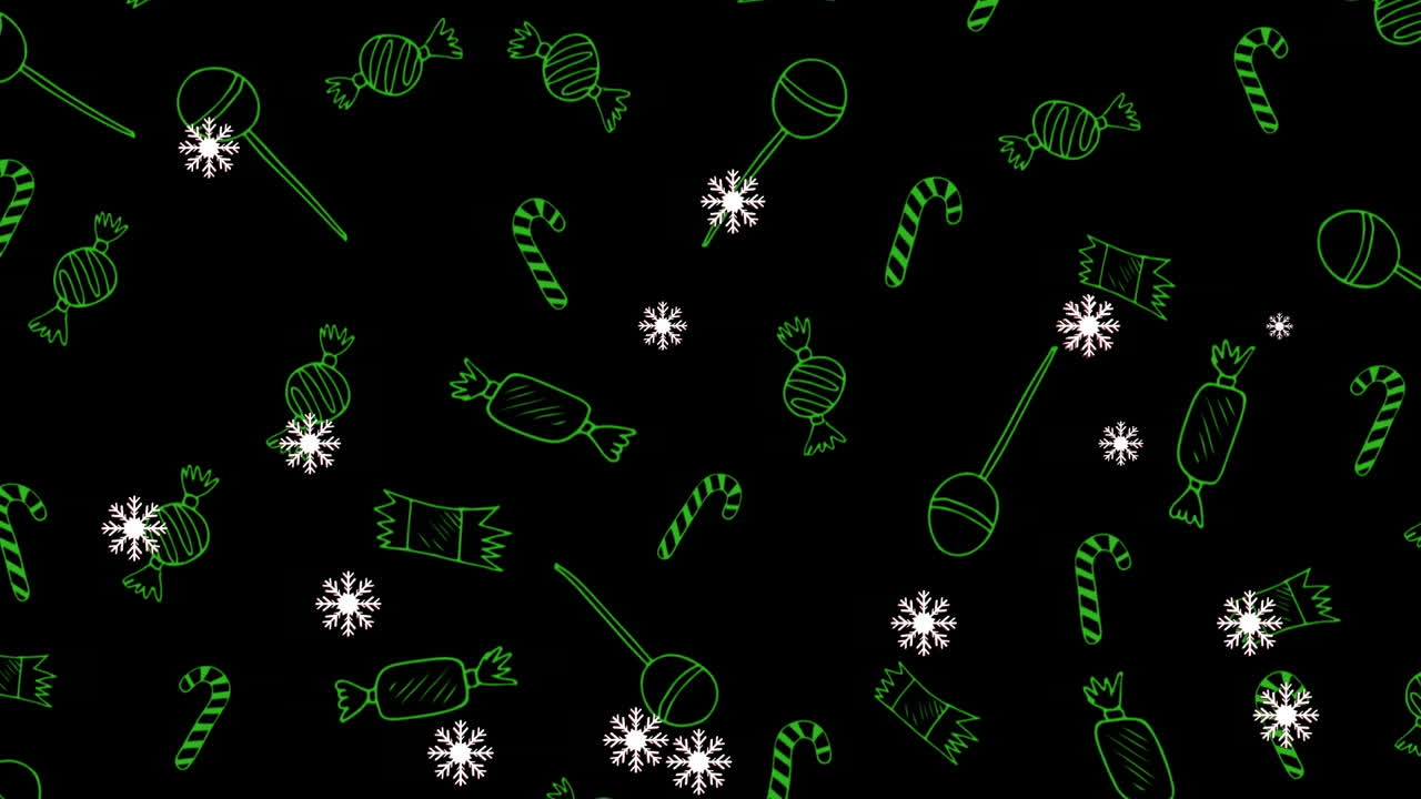 animación de nieve cayendo sobre dulces de navidad sobre fondo negro