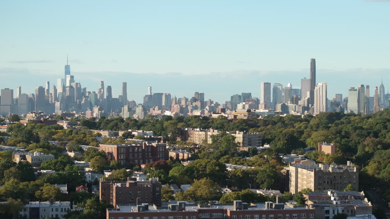 Establishing shot of The New York City skyline. Shot in Brooklyn in 4k.