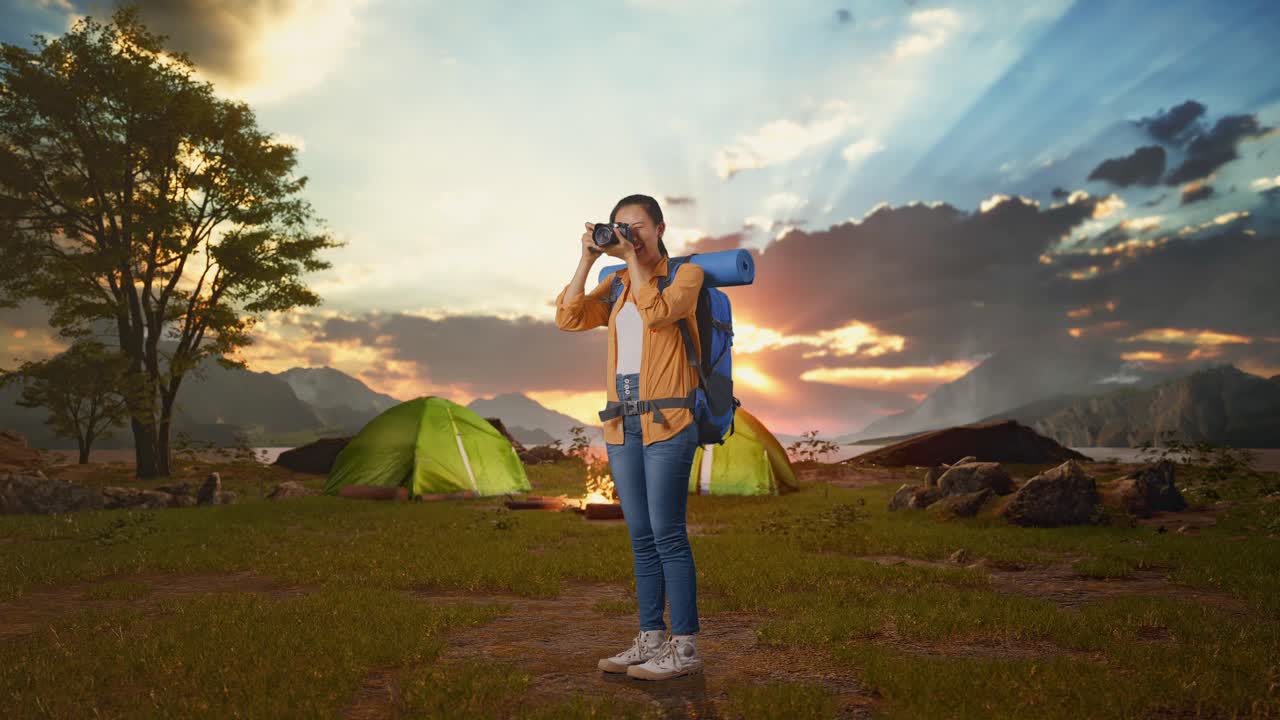 Woman taking photo at a campsite during sunset