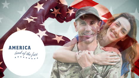 animation of america land of the free text with smiling male soldier and his wife over american flag