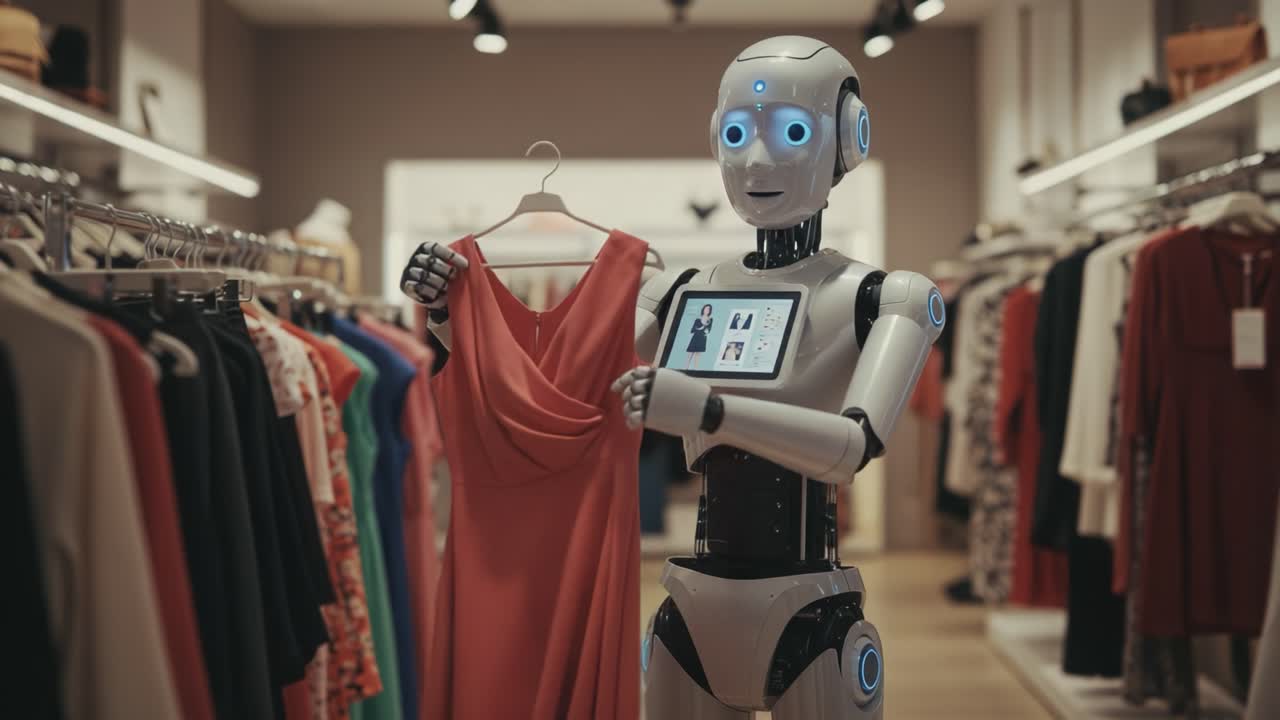 A Friendly Robot Assisting Shoppers in a Clothing Store by Holding a Fashionable Dress and Engaging with Customers Through Technology and Style