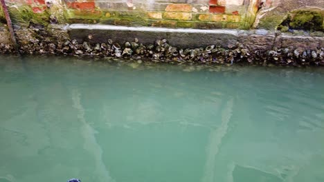 traveling gondola boat in the river passing on aged structures in venice, italy