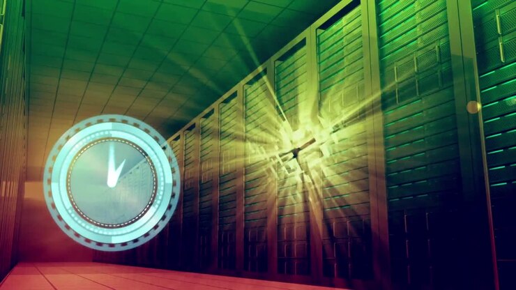 Animation of clock moving fast and data processing over computer servers