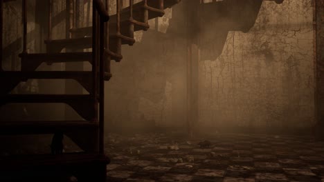 a dystopian destroyed ruined interior, with debris and rats on the floor and staircase, 3d animation, animated scene, camera dolly right other view