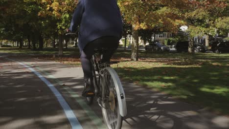 turista con chaqueta azul disfruta de andar en bicicleta en el camino tranquilo durante el día soleado - siguiendo el tiro