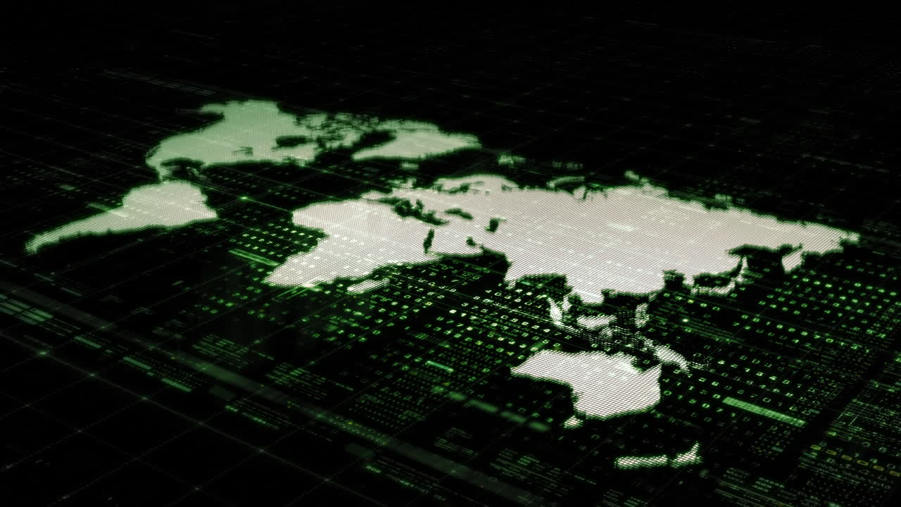 gráfico de movimiento avanzado matriz de datos de mapas digitales simulación del entorno cibernético big data analítica simulación de inteligencia artificial, pantalla de fondo de cabeza hacia arriba