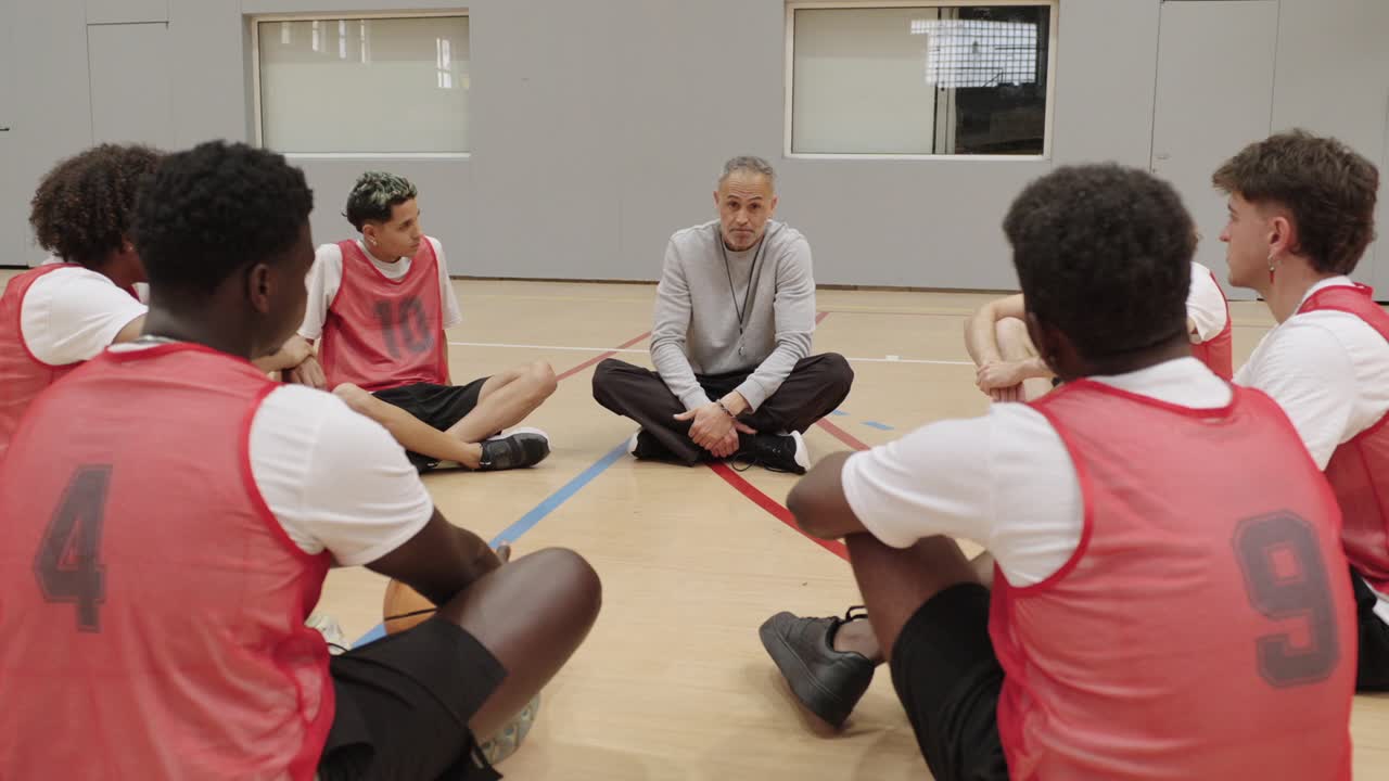 Basketball team meeting with coach
