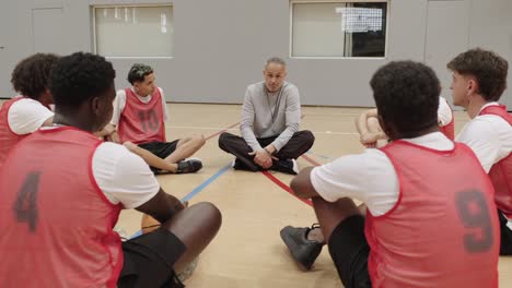 basketball team meeting with coach