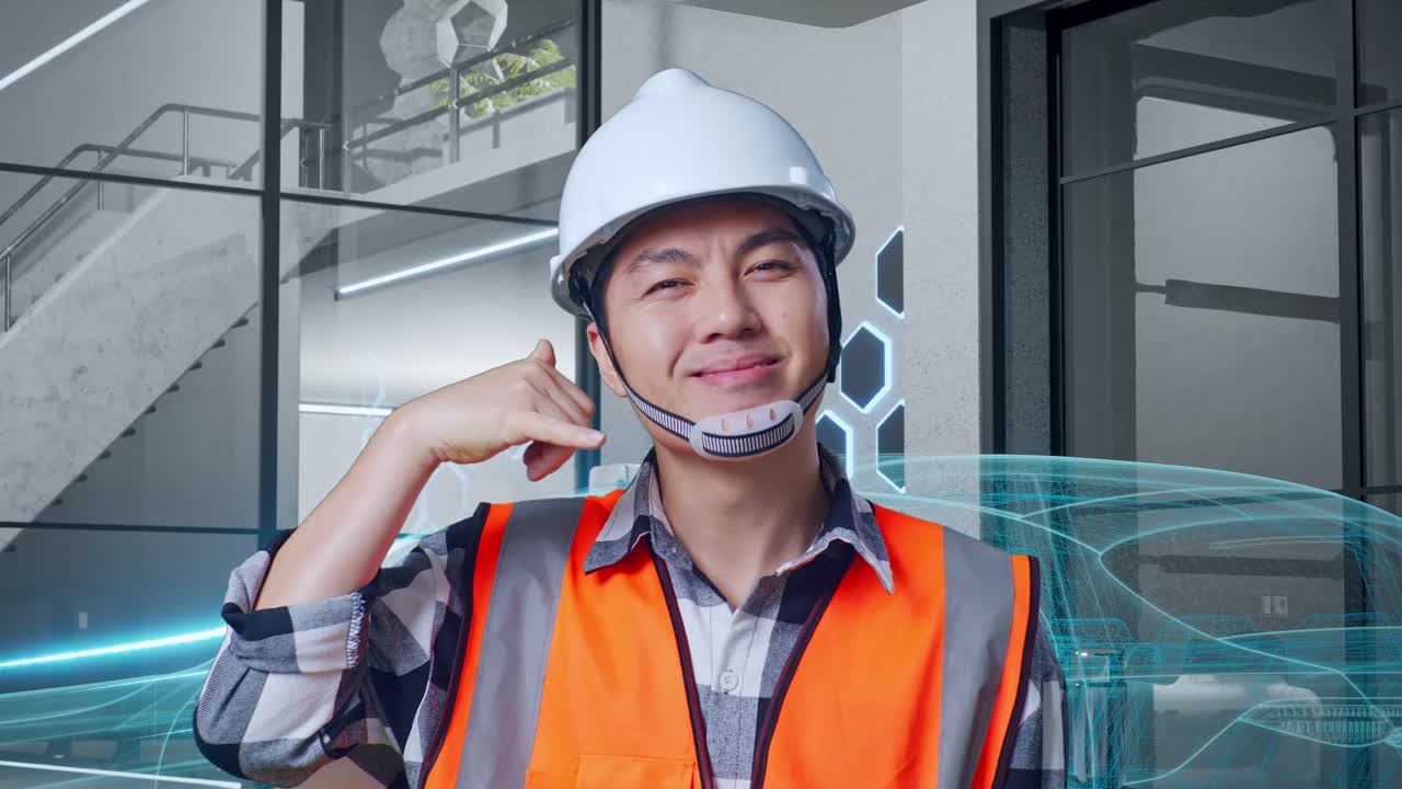 안전 헬을 입은 아시아 남성 엔지니어가 카메라를 향해 미소 짓고 '나를 불러라' 제스처를 하며 전기 차량, 첨단 산업 시설의 개념과 함께 서 있습니다.