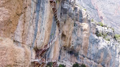 pasarelas de montfalco hike at congost de mont rebei canyon, catalonia and aragon, north spain - aerial drone view of the dangerous scary stairs along the steep cliffs