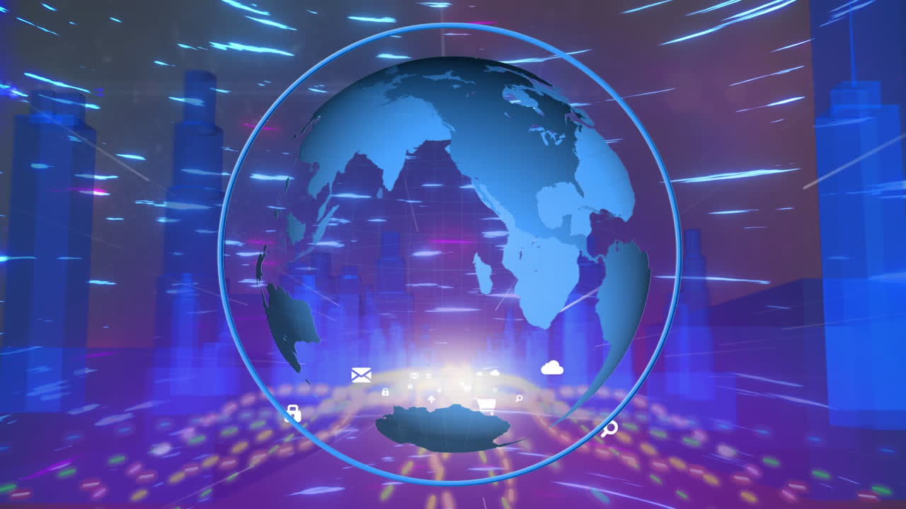 도시 풍경에서 움직이는 빛의 흔적에 대해 회전하는 지구