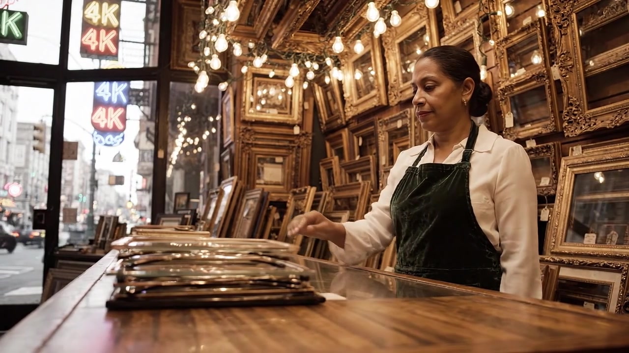 Un artigiano dedicato in un'incantevole bottega di cornici, circondato da intricate cornici per quadri e calda illuminazione ambientale, che mette in mostra artigianalità e creatività.