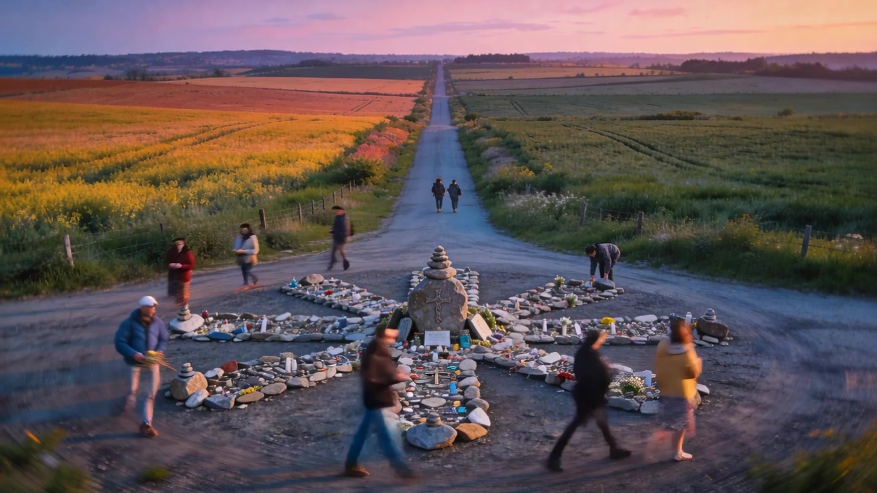 Sonnenuntergang: Besucher in Jacken und Mützen umkreisen ein Mandala an einer ländlichen Kreuzung und legen Opfergaben ab.