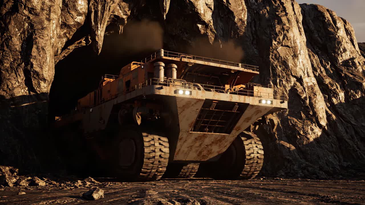 Camion da miniera che esce da una grotta
