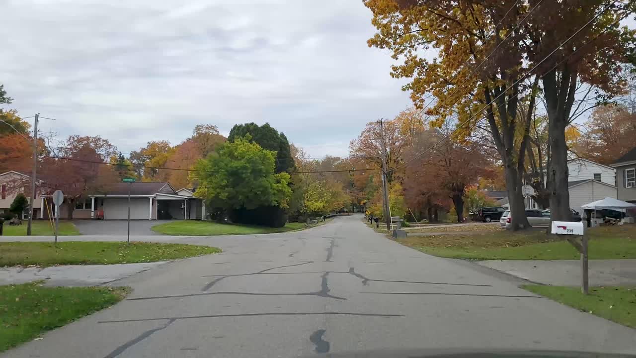 가을 색의 아름다움을 보여주는 집과 활기찬 가을 나무로 둘러싸인 조용한 교외 거리