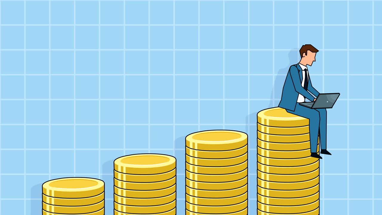 Animazione di un personaggio di uomo d'affari in stile cartone animato flat, concetto di crescita finanziaria, alpha matte.