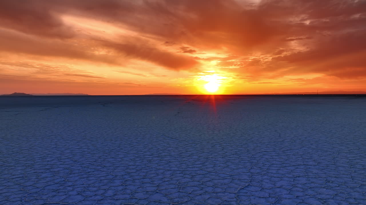 Tramonto abbagliante nel cielo sopra la Bonneville Salt Flat, Utah, USA. Clip video con drone sulla superficie esagonale delle saline