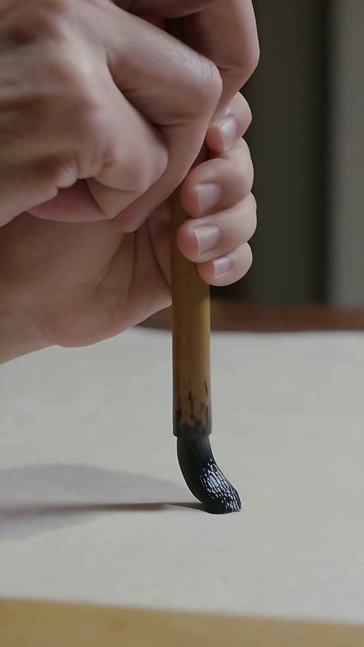 Video verticale: Regolando la presa, mano che abbassa un pennello di bambù su carta chiara alla scrivania creando un tratto d'inchiostro