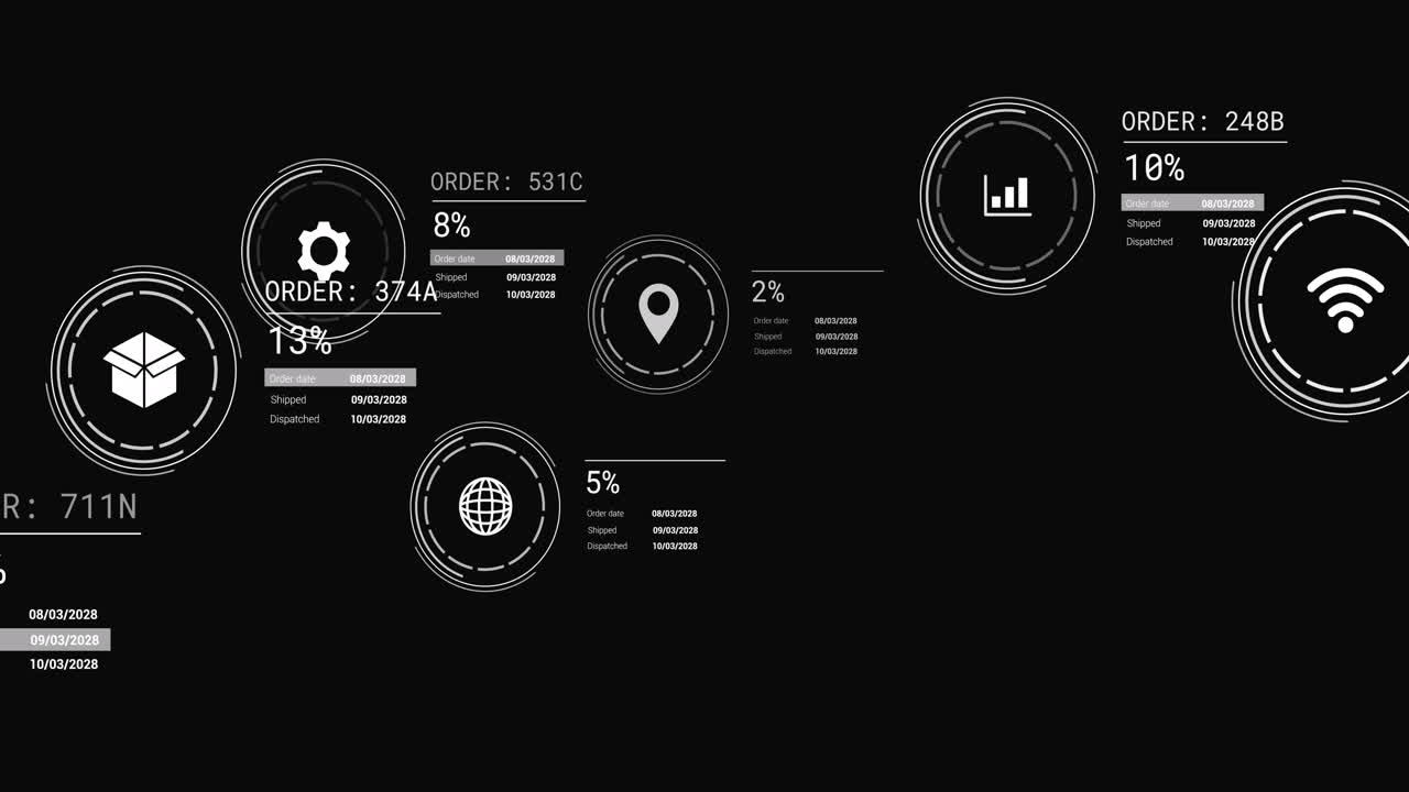 Animation of icons with data processing on black background