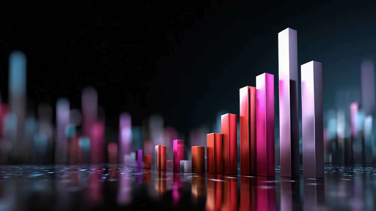 Dynamisk visualisering af data repræsenteret gennem farverige søjler og grafer i et mørkt miljø, der viser trends og indsigt i statistisk analyse