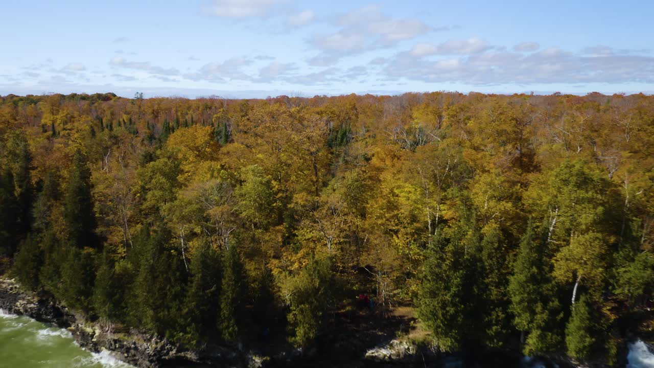 el dron vuela lejos del bosque de otoño, revela aguas agitadas que se estrellan en la costa