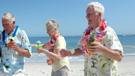 Ältere-Freunde-Tanzen-Am-Strand