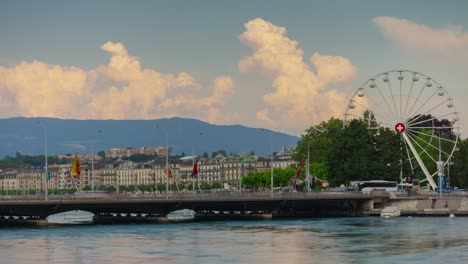 geneva city sunny sunset famous traffic lake bridge wheel panorama 4k timelapse switzerland