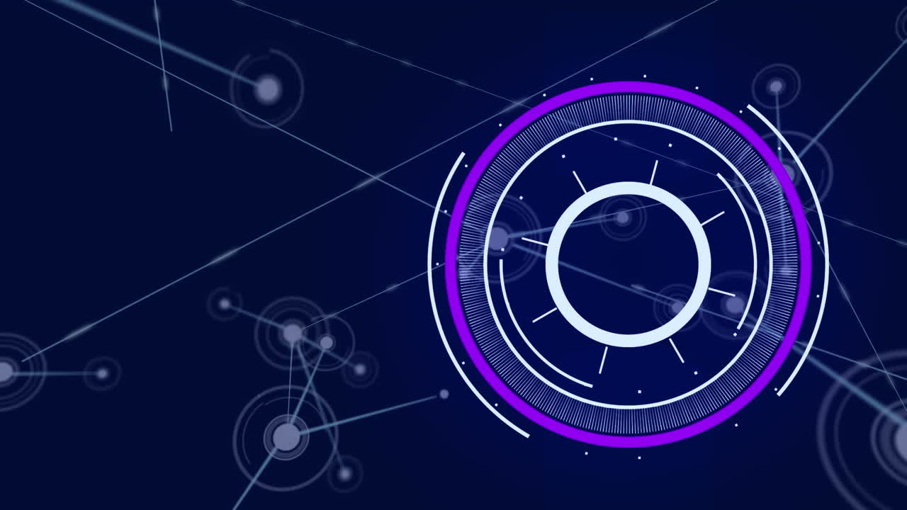 Animation of purple round scanner spinning over network of connections against blue background