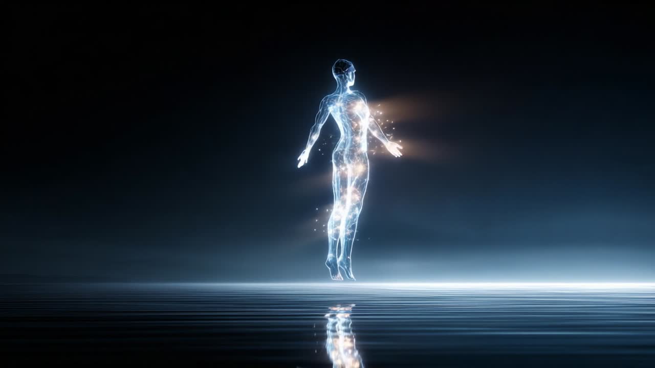 A stunning visual representation of a glowing humanoid figure emerging from a tranquil surface, illuminated by ethereal lights and effects, capturing the essence of creativity and innovation in digital art