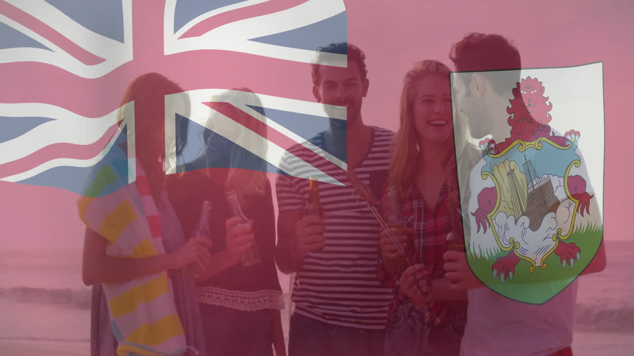 Celebrating with drinks, friends holding sparklers, flags animation overlaying scene