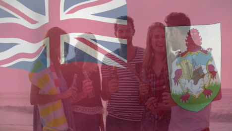 celebrating with drinks, friends holding sparklers, flags animation overlaying scene