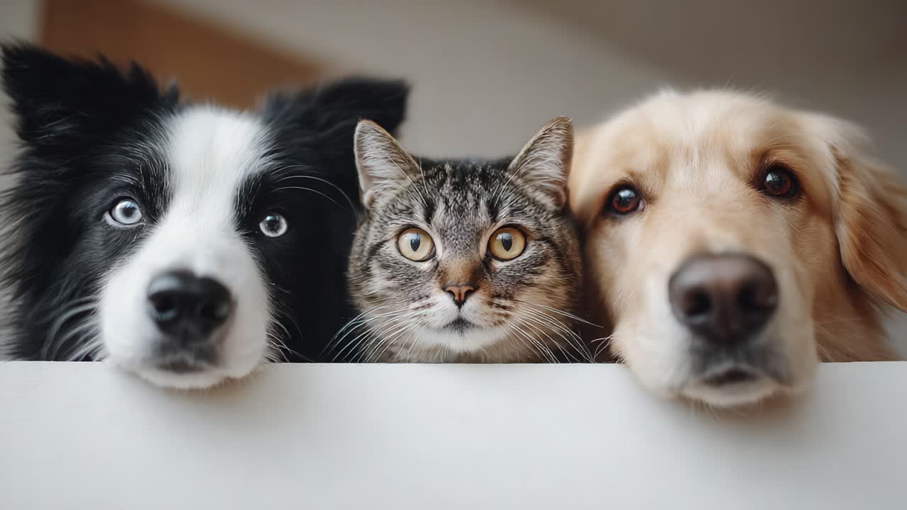 Herzerwärmende Verbindung zwischen einem Hund, einer Katze und einem Golden Retriever, festgehalten in einem entzückenden Moment der Freundschaft und des Zusammenseins zu Hause
