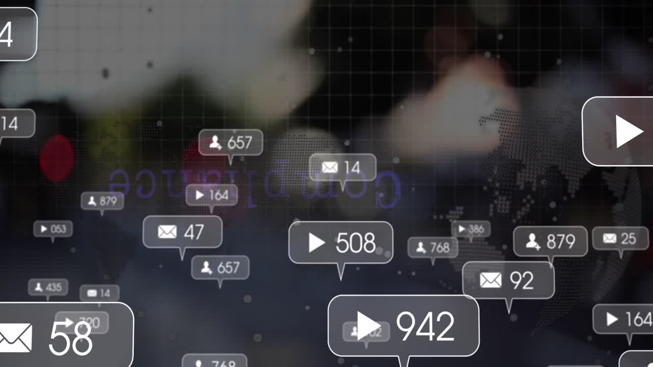 animación de iconos de medios y globo sobre puntos de luz