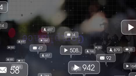 animación de iconos de medios y globo sobre puntos de luz