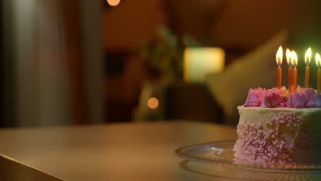 Close-Up-Of-Party-Celebration-Cake-For-Birthday-Decorated-With-Icing-And-Candles-On-Table-At-Home-8