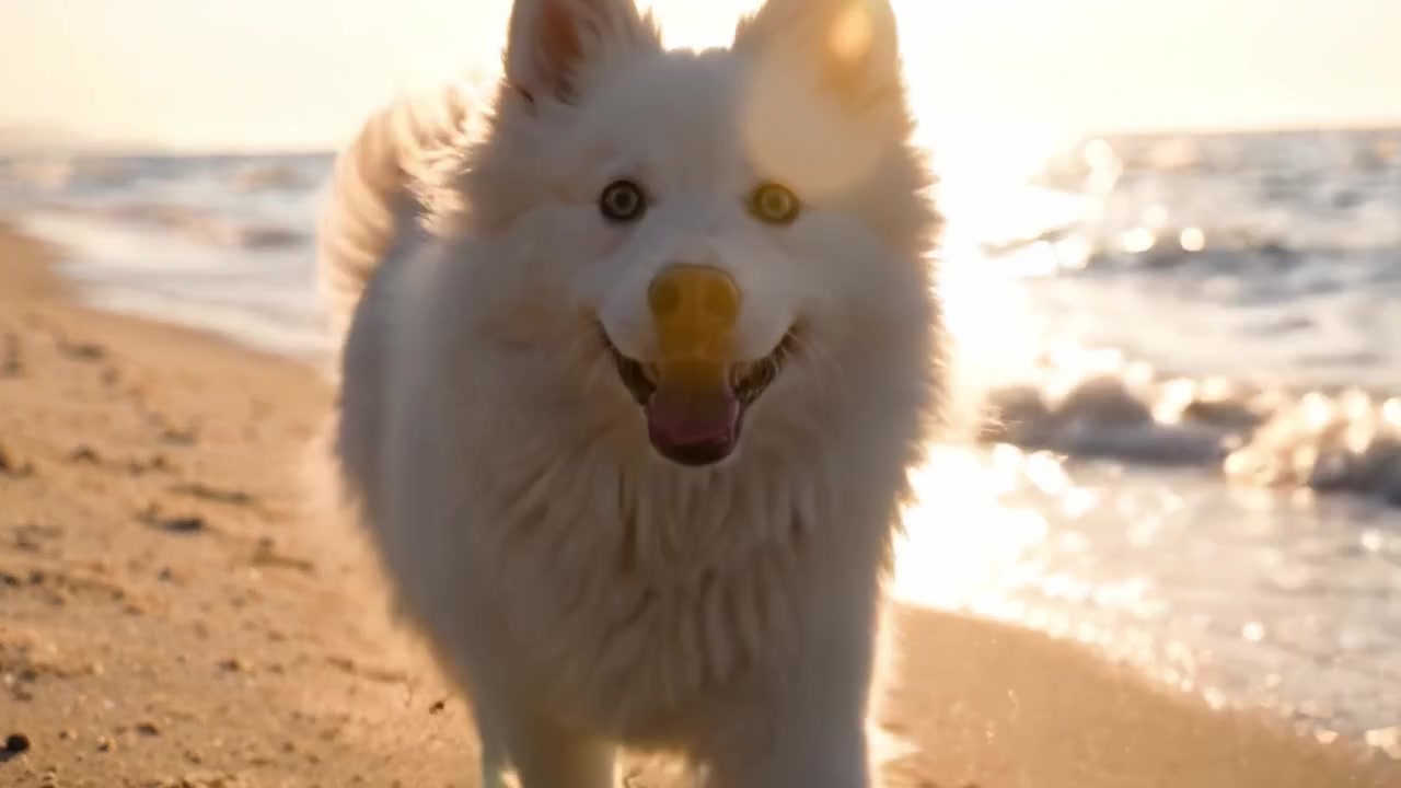 En leken hund nyter en gledelig dag på stranden, løper langs vannet med sollys som glitrer over bølgene og sandstrandlinjen