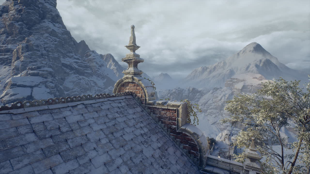 Snowy mountain landscape with a historic rooftops under cloudy sky