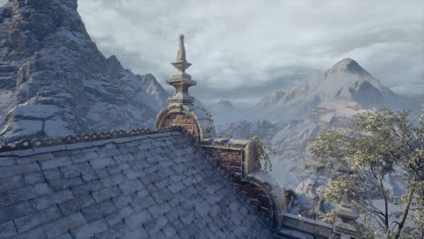 snowy mountain landscape with a historic rooftops under cloudy sky
